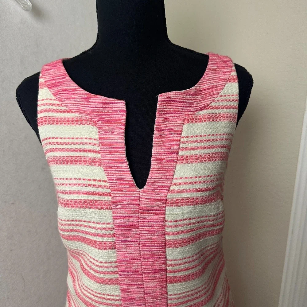 Trina Turk‎ Pink Striped Sleeveless Split Neck Shift Dress TD133015 Made in USA
